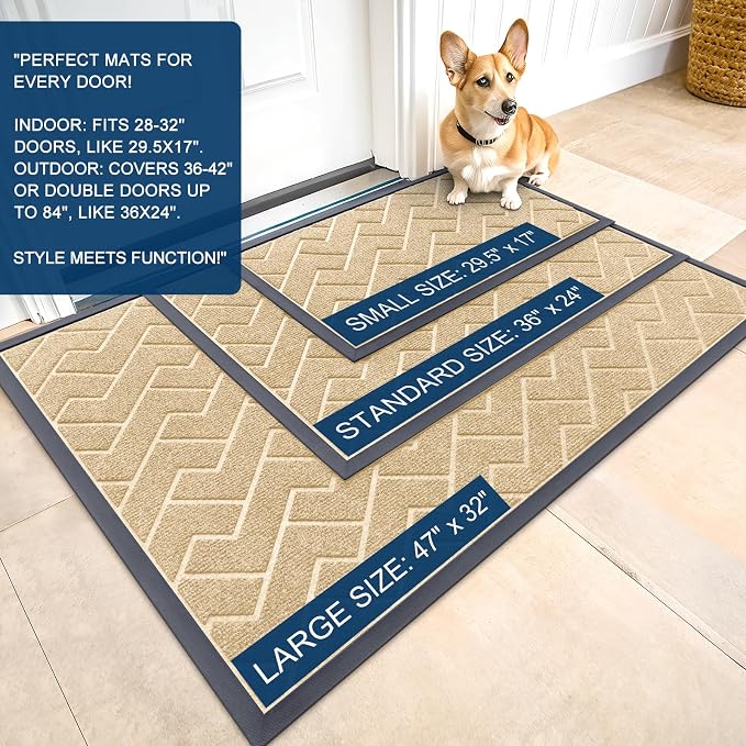 OLANLY Front Door Mat Outside 47x32, All-Season Absorbent Rubber Doormat | Beige - Image 2