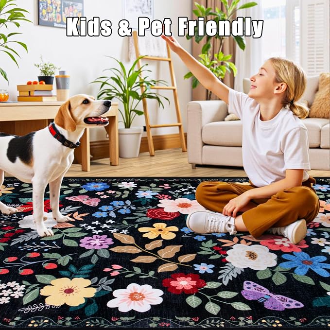 PLHXFR 2.6x10 Washable Runner Rug：Floral Indoor Kitchen Soft Carpet Black | - Image 6