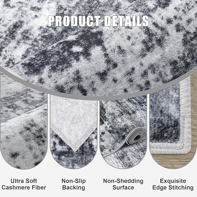 2.6x10 Washable Runner Rug:Modern Abstract Soft Carpet Dark Black | - Image 3