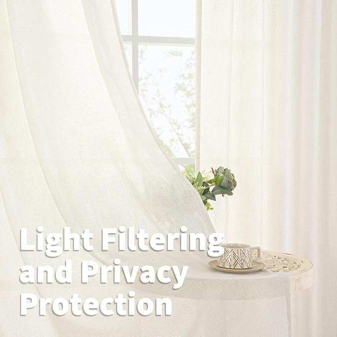 YoungsTex Ivory Linen Semi Sheer Curtains 48 Inch Length 2 Panels Set | Light - Image 3