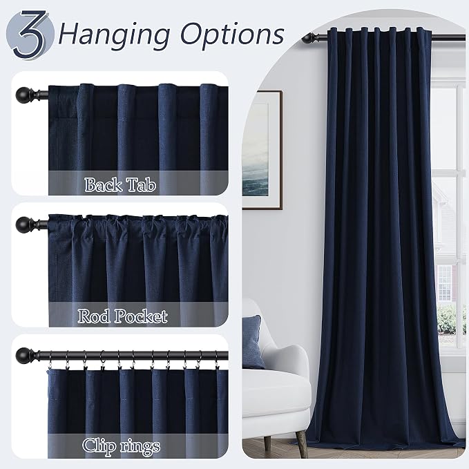 Navy Blue 100% Blackout Linen Curtains 102 Inch Length 2 Panels Set - Image 5