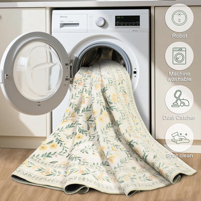 PLHXFR Round Area Rug Living Room: 4 ft Floral Washable Carpet Beige Multi | - Image 7