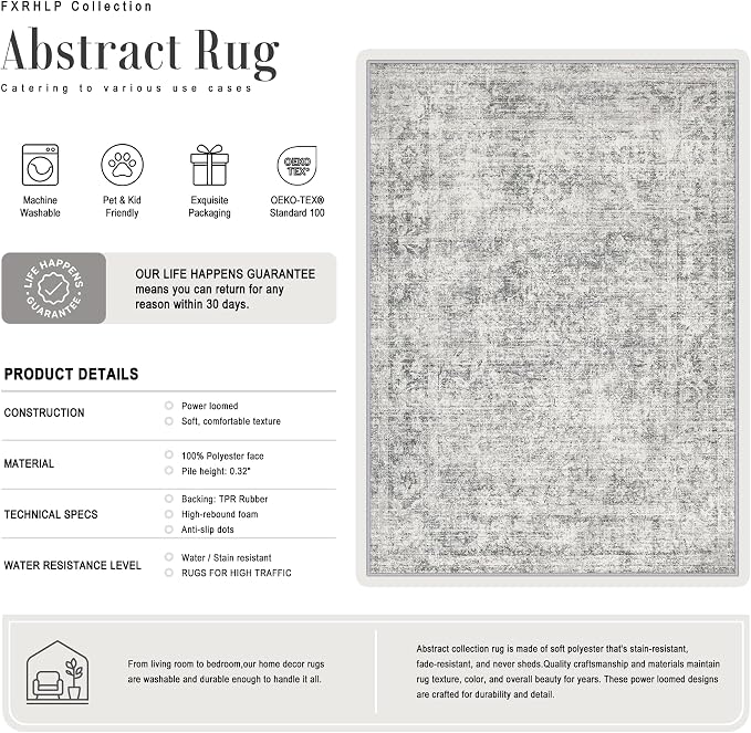 3x14 Washable Runner Rug：Modern Abstract Soft Carpet Black Grey | - Image 3