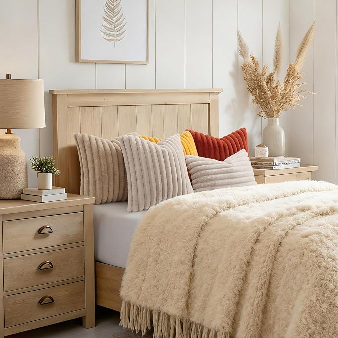 decorUhome Fall Faux Fur Throw Pillow Covers 16x16 Set of 2 Beige | Decorative - Image 8