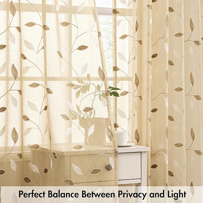 MIULEE Khaki Sheer Curtains 2 Panels Embroidered Leaf Patterned, W52 x L45 | - Image 5