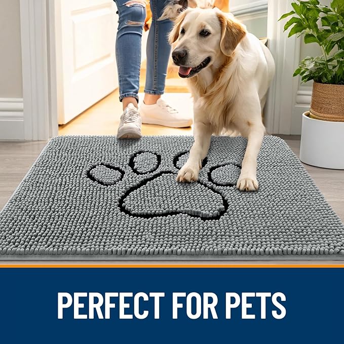 OLANLY Dog Door Mat for Muddy Paws 36x24, Paw Print Design Chenille Mud Mat | - Image 6