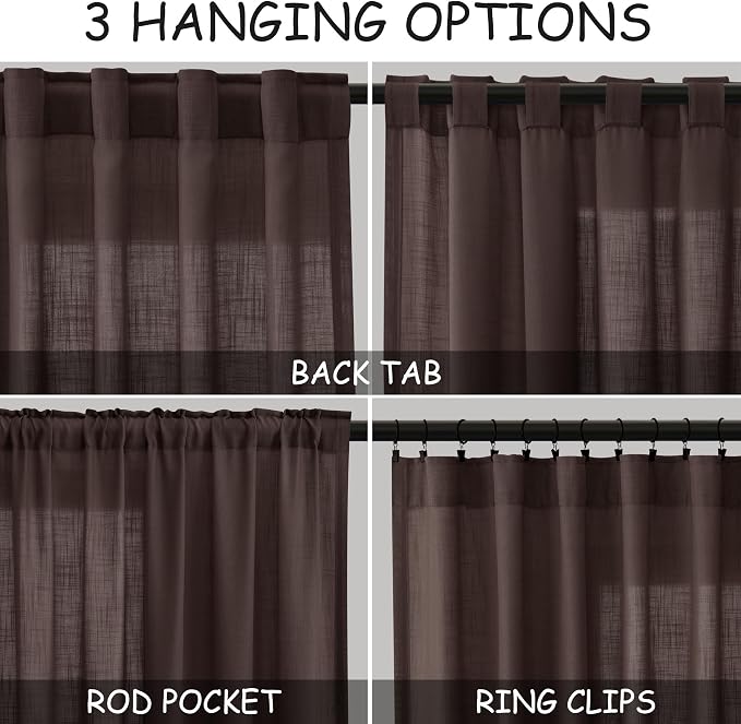 Coffee Linen Curtains for Living Room Back Tab Rod Pocket Semi Sheer Curtains - Image 3