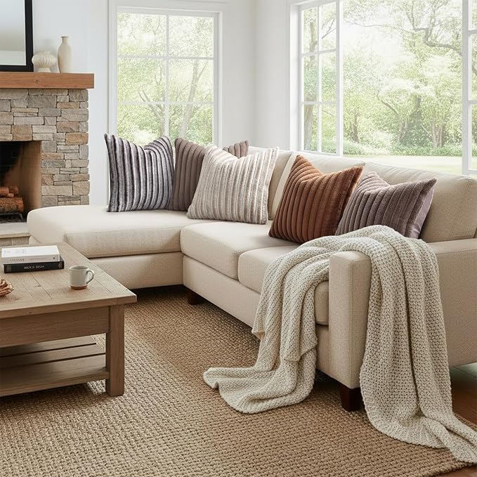 decorUhome Fall Faux Fur Throw Pillow Covers 22x22 Set of 2 Beige White | - Image 7