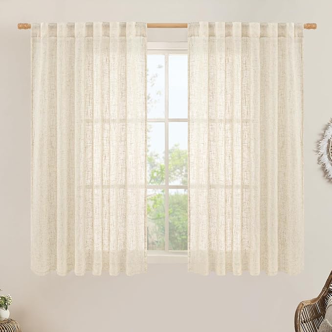 Semi Sheer Linen Curtains 54 Inch Length 2 Panels, 52 x 54 Inch | Beige by LAMIT