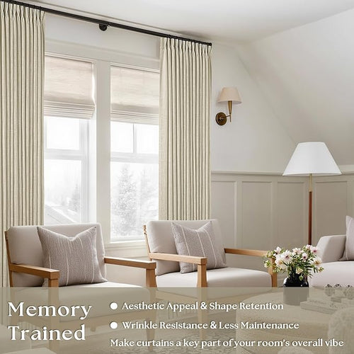 90 Inch Beige Flax Linen Curtains Pinch Pleated 2 Panels Set | Memory Training - Image 2