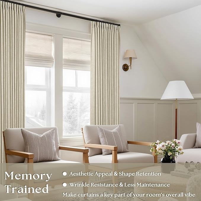 Beige Linen Pinch Pleated 98 Inch Linen Curtains 2 Panels | Memory Training - Image 4