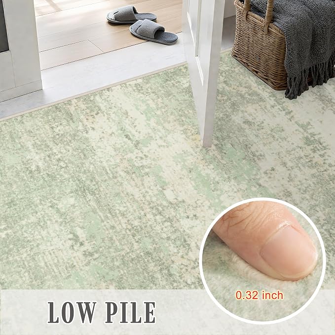 2.6x10 Washable Runner Rug:Modern Abstract Soft Carpet Green Cream | - Image 7