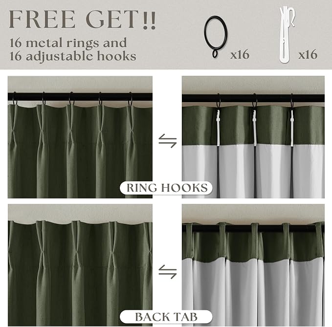 Olive Green 63 Inch Length Blackout Pinch Pleated Linen Curtains - Image 6