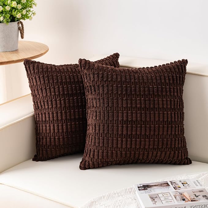 Pack of 2 Corduroy Decorative Throw Pillow Covers 26x26 Inch, Dark Brown | Fall by Unknown