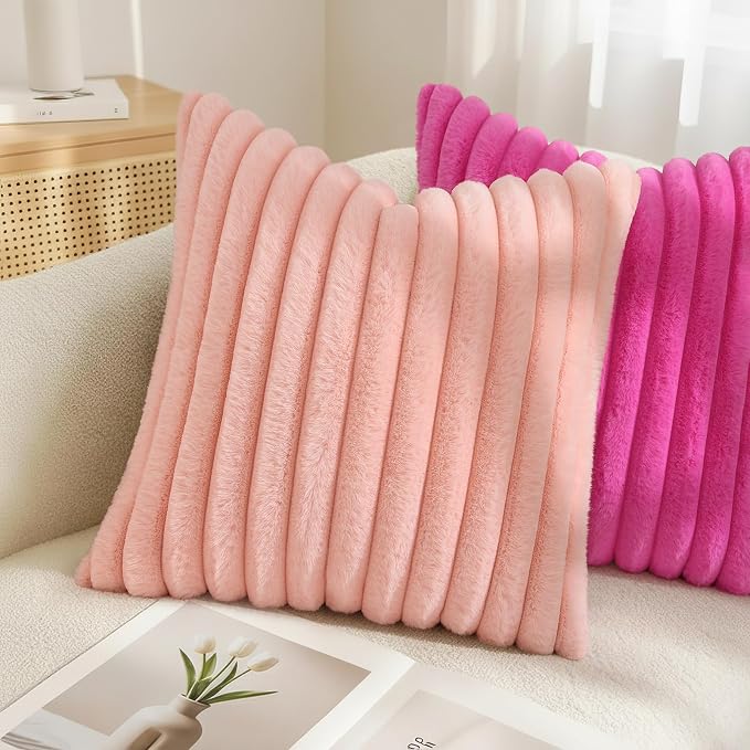 decorUhome Fall Faux Fur Throw Pillow Covers 22x22 Set of 2 Hot Pink | - Image 4