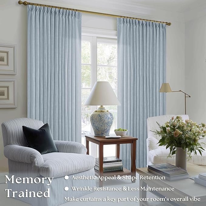 Dusty Blue Linen Pinch Pleated Curtains 108 Inches Long 2 Panels | Semi Sheer - Image 2