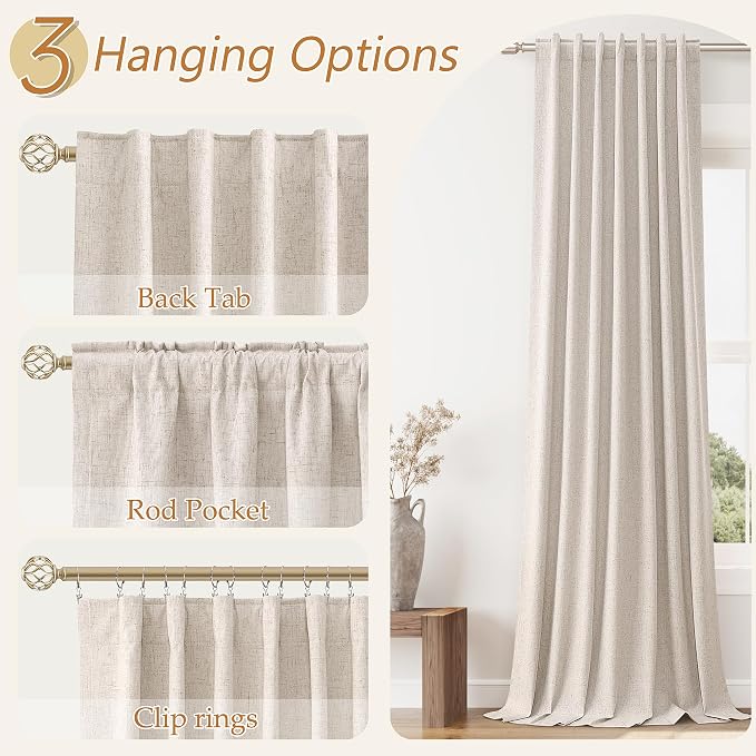 Oatmeal 100% Blackout Linen Curtains 63 Inch Length 2 Panels Set - Image 6