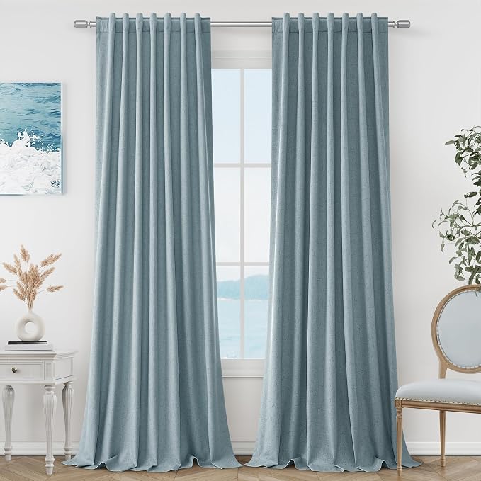 Blue 100% Blackout Linen Curtains 96 Inch Length 2 Panels Set by Guken