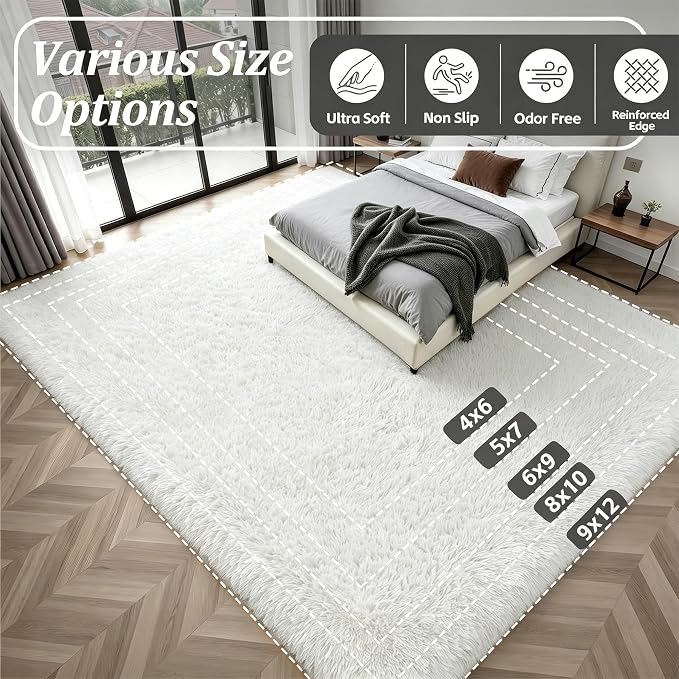 8x10 Area Rug Living Room Bedroom: Fluffy Plush Shag Carpet Ivory | - Image 9