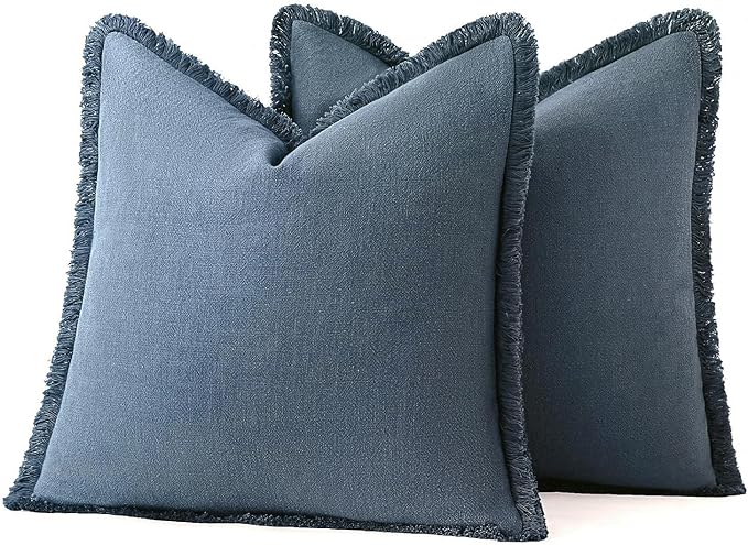 MIULEE Boho Linen Fringe Decorative Throw Pillow Covers Blue Ashes 18x18 | Set - Image 7