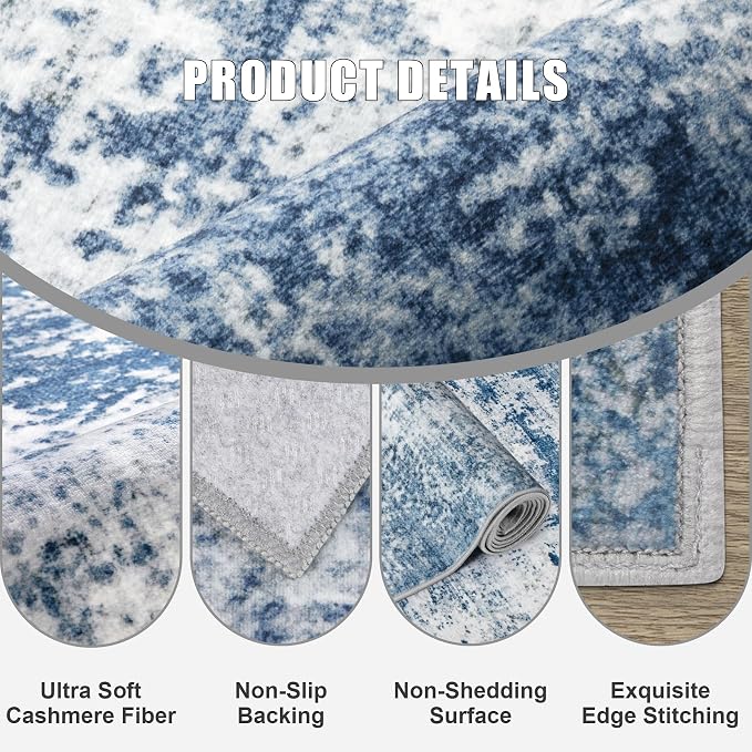 Round Area Rug Living Room: 5 ft Modern Washable Carpet Blue | - Image 5