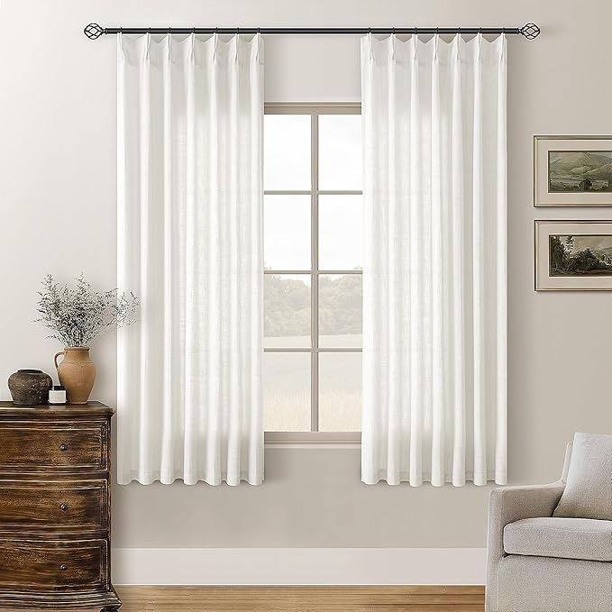 Beige White Pinch Pleated Linen Curtains 63 Inch Length 2 Panels | by Twodrapes