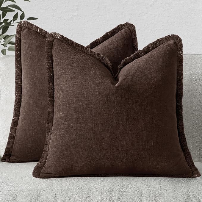 MIULEE Linen Fringe Decorative Fall Euro Pillow Covers Dark Brown 22x22 | Set by MIULEE