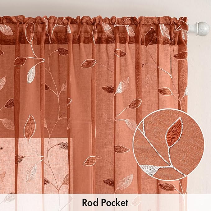 MIULEE Burnt Orange Sheer Fall Curtains 2 Panels Leaf Patterned, W52 x L63 | - Image 6