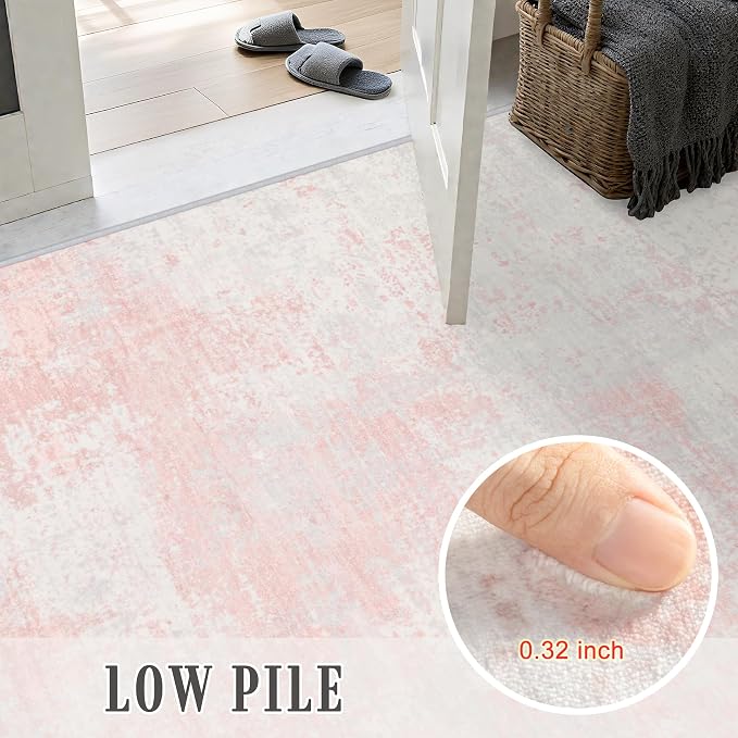 2.6x10 Washable Runner Rug:Modern Abstract Soft Carpet Pink White | - Image 7