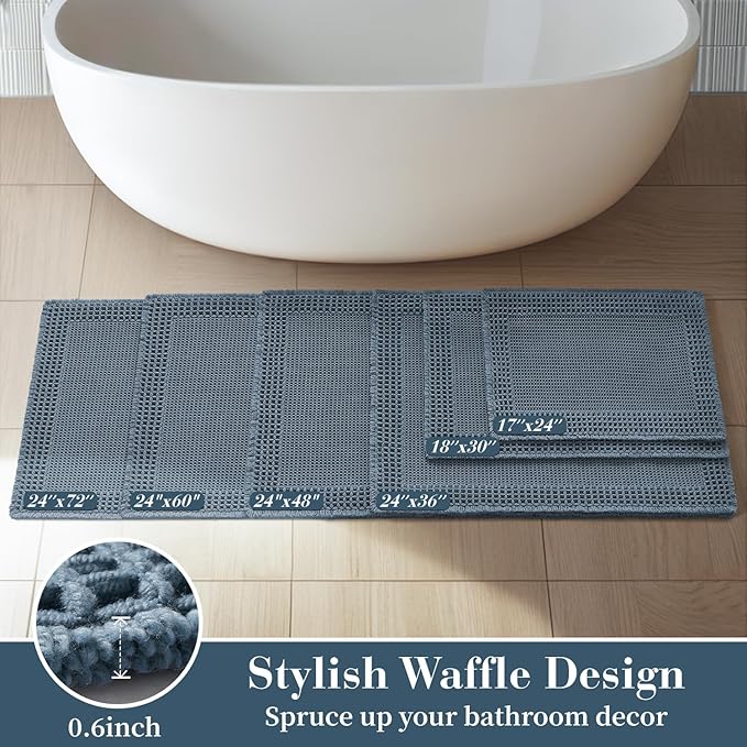 RESARE Waffle Bathroom Runner Rugs, Non Slip Boho Bath Mat 24"x60" Blue | Long - Image 5