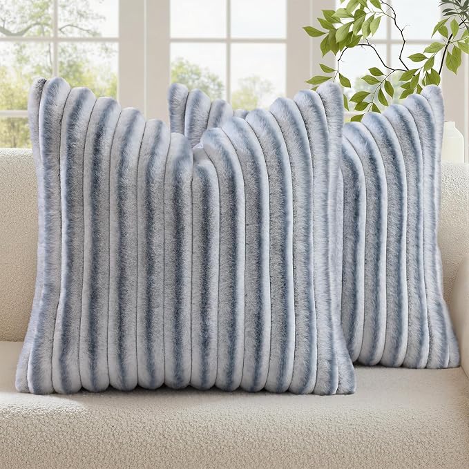 decorUhome Fall Faux Fur Throw Pillow Covers 26x26 Set of 2 Grey White | by decorUhome
