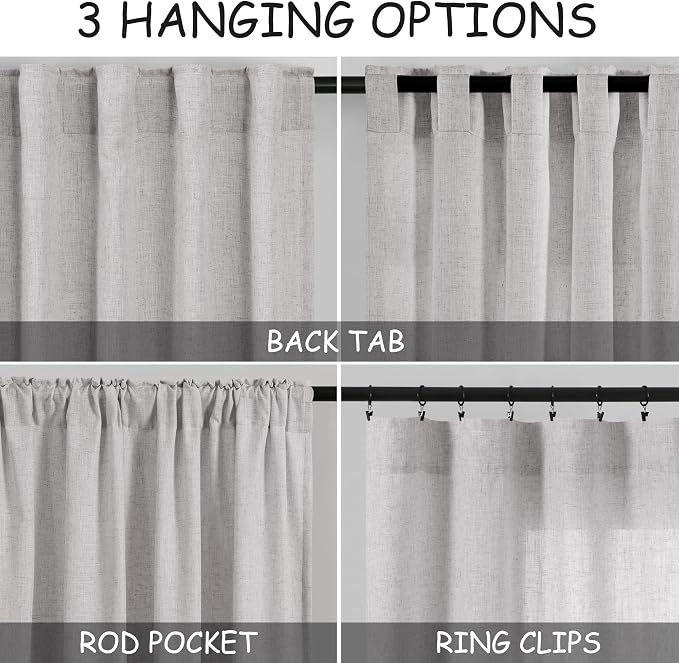 Grey Linen Semi Sheer Curtains 72 Inches Long 2 Panels Set - Image 3