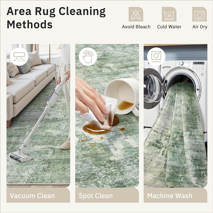 Soalmost 9x12 Area Rugs for Living Room Washable Rug Abstract Green/Ivory | - Image 9