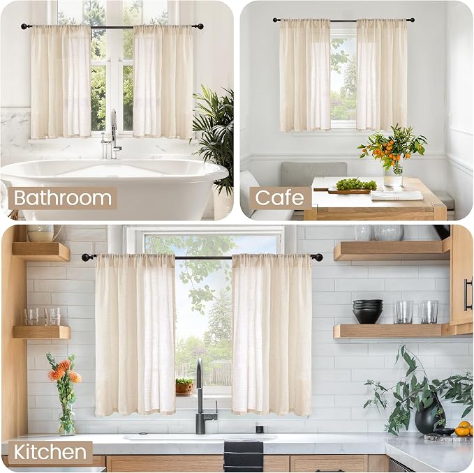 BGment Burlap Linen Kitchen Curtains 36 Inch Length Window Over Sink | Short - Image 2
