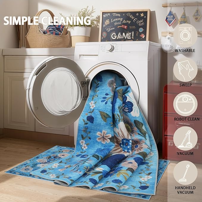 Floral Area Rugs 5x7 for Bedroom Livingroom Blue Non-Slip | Ultra-Thin Soft - Image 4