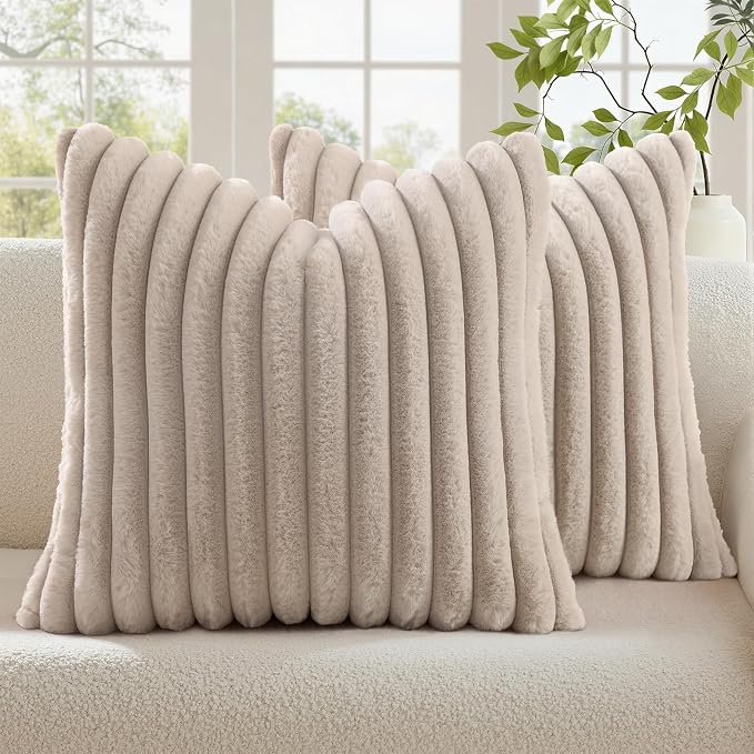 decorUhome Fall Faux Fur Throw Pillow Covers 18x18 Set of 2 Tan | Decorative by decorUhome