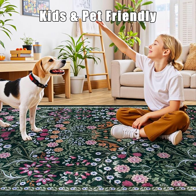 PLHXFR 6x9 Area Rug Living Room: Floral Washable Boho Carpet Dark Green | - Image 8