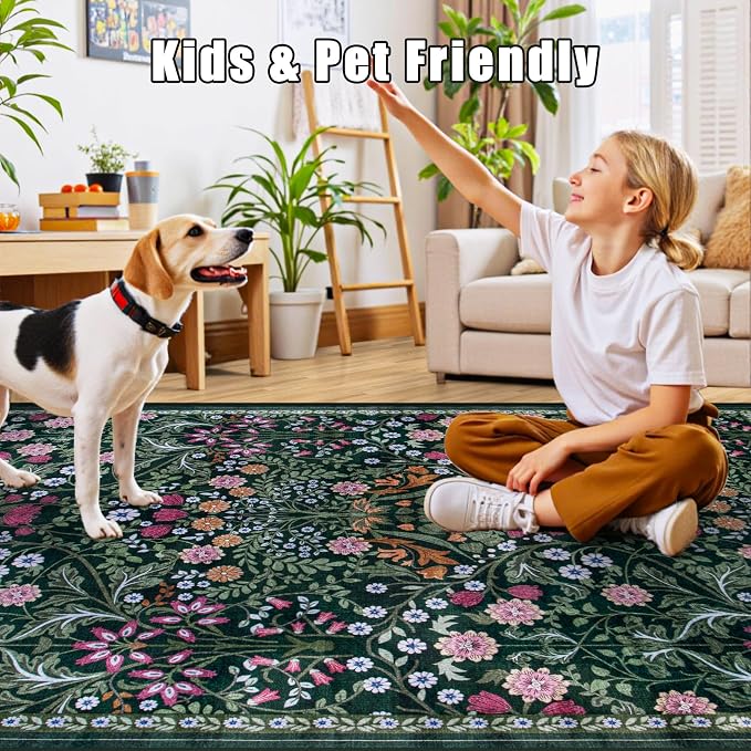 PLHXFR 2x6 Washable Runner Rug：Floral Indoor Kitchen Carpet Dark Green | - Image 9