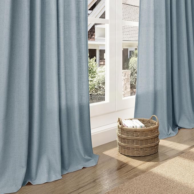 Light Blue Linen Curtains Semi Sheer 96 Inches Long 2 Panels Set - Image 6