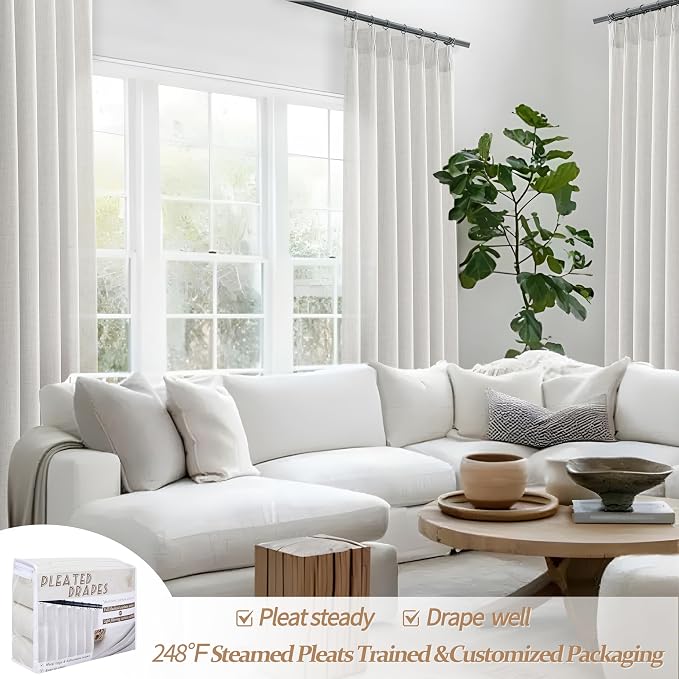 Linen Sheer Curtains 108 Inches Long 2 Panels, Natural Beige White Floor to - Image 6