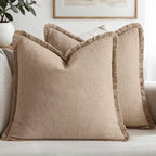 MIULEE Boho Linen Fringe Decorative Throw Pillow Covers Camel 18x18 | Set of 2 by MIULEE