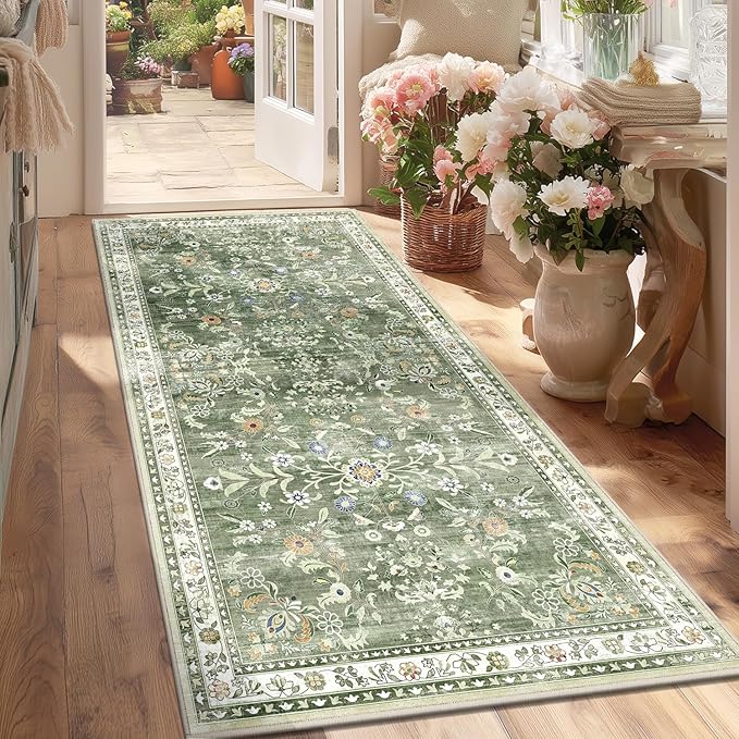 Yamaziot 3x6 Washable Hallway Runner Rug Non Slip Floral Carpet, Sage Green | by Yamaziot