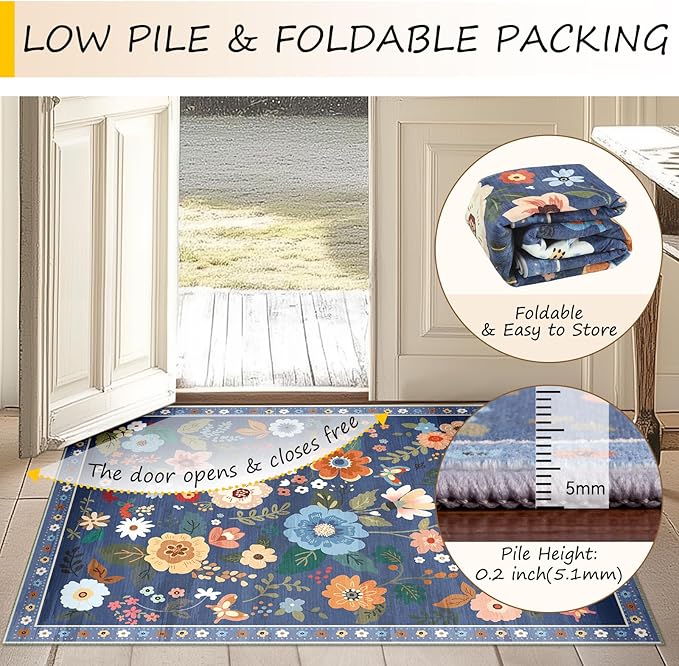 RELEANY Floral Washable 8x10 Area Rugs Blue/Grey | Flower Carpet Print Boho - Image 6