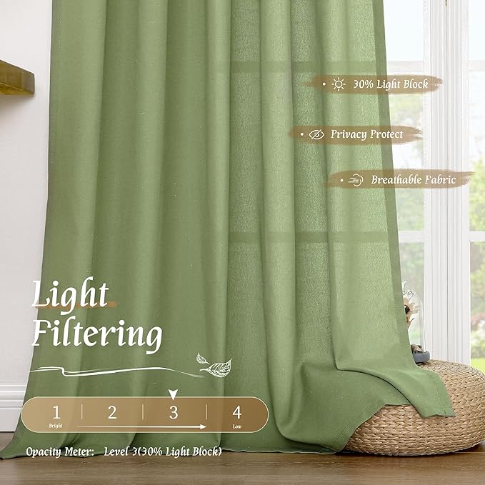 Semi Sheer Bedroom Linen Curtains 48 Inch Length 2 Panels, Sage Green | Light - Image 4