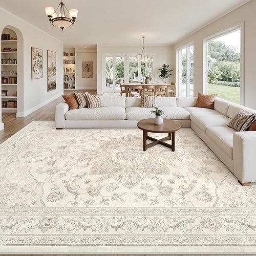 10x14 Area Rugs Living Room: Bedroom Washable Carpet Beige White | Vintage Boho by Luxturiy