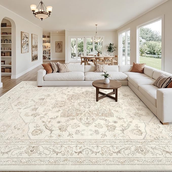 8x10 Area Rugs Living Room: Bedroom Washable Carpet Beige White | Vintage Boho - Image 8