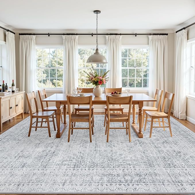 Area Rugs 9x12 Living Room: Bedroom Neutral Washable Carpet Gray | Vintage Boho - Image 3