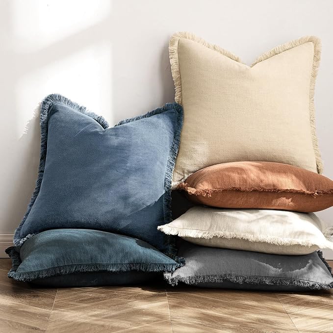 MIULEE Boho Linen Fringe Decorative Throw Pillow Covers Blue Ashes 18x18 | Set - Image 6