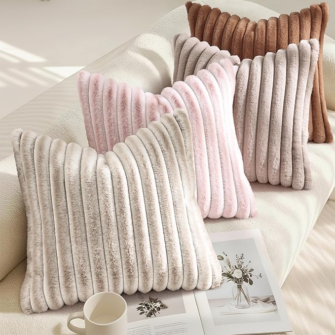 decorUhome Fall Faux Fur Throw Pillow Covers 20x20 Set of 2 Pink White | - Image 4