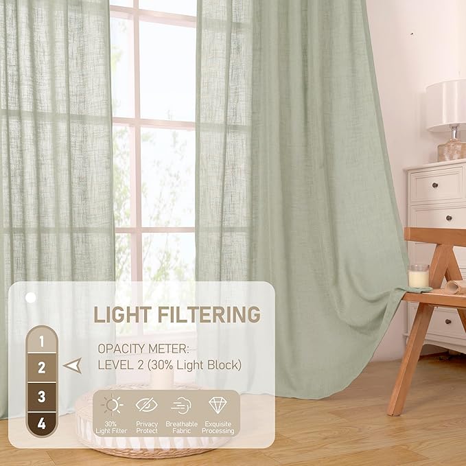 Sage Grey Linen Curtains 54 Inch Length 2 Panels - Image 4